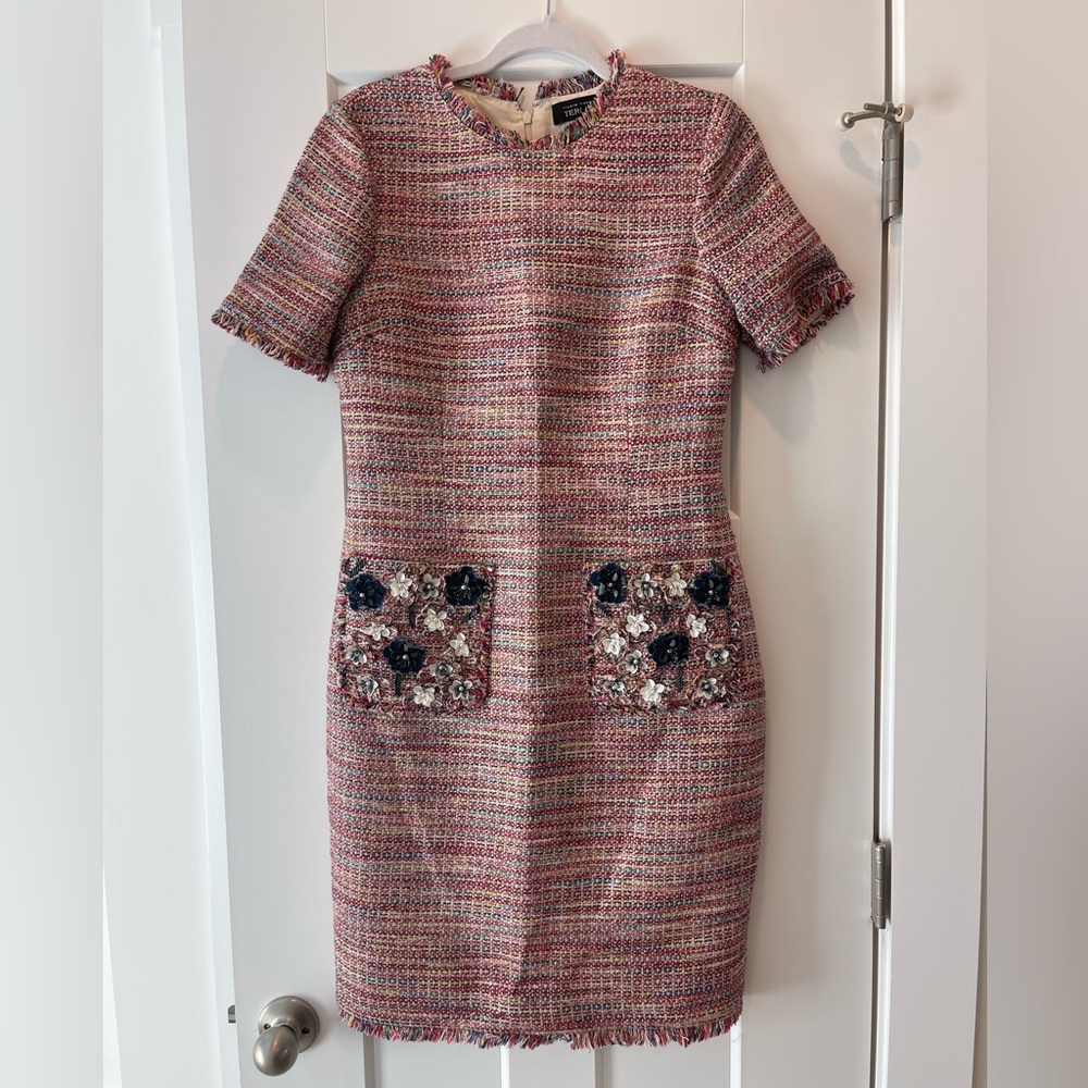 Teri Jon by Rickie Freeman: Multicolor Tweed Dress With Floral Accents